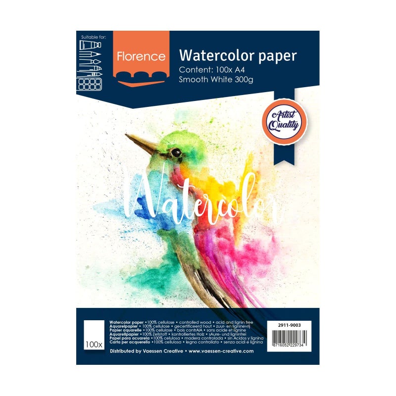 Florence Vaessen Creative Watercolour Paper A4 Ivory 300 GSM Artist Grade Quality Smooth Surface 100 Sheets for Painting Handlettering Art Projects White