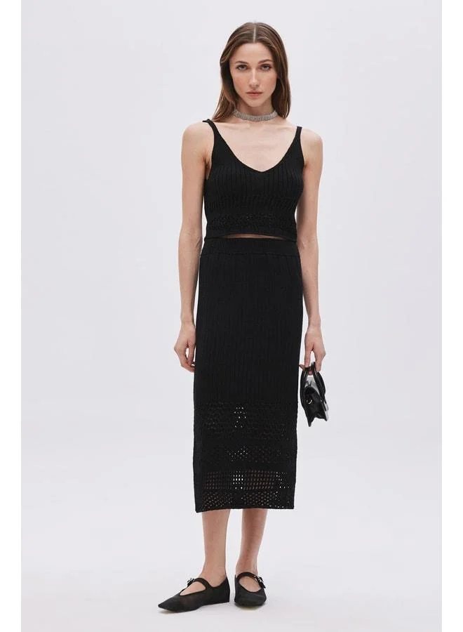 Sherin Black Lace Midi Knit Skirt.