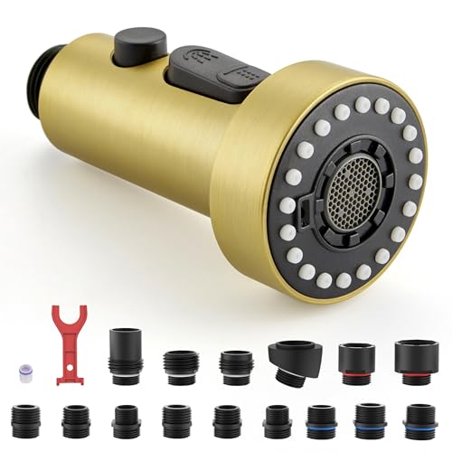 J-HVA Pull Down Kitchen Faucet Sprayer Head Replacement Part, 3 Function Pull Out Sink Sprayer Replacement Nozzle with 15 Adapters, Kitchen Faucet Head Hose Spray Tap Spout, Brushed Gold - Image 1