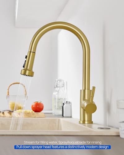 J-HVA Pull Down Kitchen Faucet Sprayer Head Replacement Part, 3 Function Pull Out Sink Sprayer Replacement Nozzle with 15 Adapters, Kitchen Faucet Head Hose Spray Tap Spout, Brushed Gold - Image 2