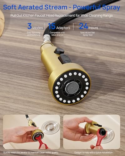 J-HVA Pull Down Kitchen Faucet Sprayer Head Replacement Part, 3 Function Pull Out Sink Sprayer Replacement Nozzle with 15 Adapters, Kitchen Faucet Head Hose Spray Tap Spout, Brushed Gold - Image 5
