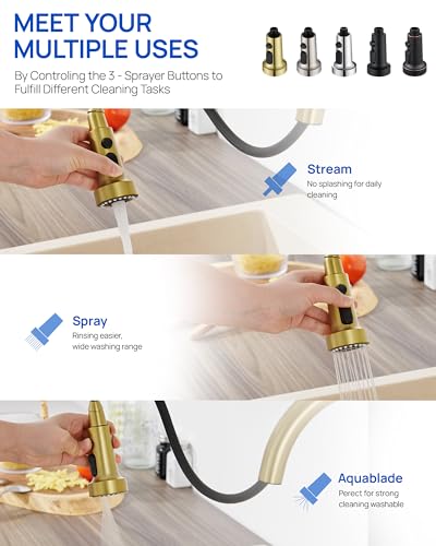 J-HVA Pull Down Kitchen Faucet Sprayer Head Replacement Part, 3 Function Pull Out Sink Sprayer Replacement Nozzle with 15 Adapters, Kitchen Faucet Head Hose Spray Tap Spout, Brushed Gold - Image 3