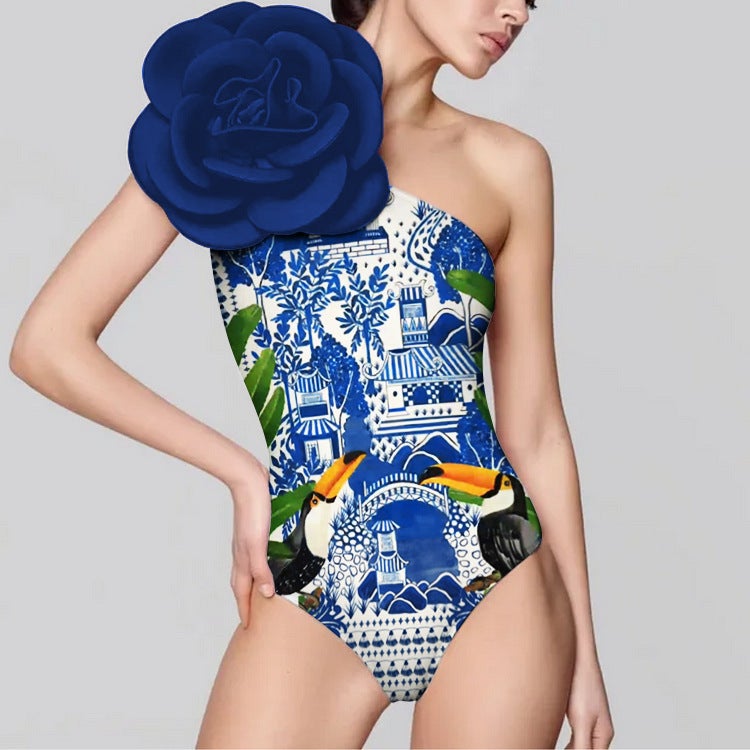 2024 One-Piece Swimsuit 3D Large Flower Decoration Big Mouth Bird Printed Swimsuit Suit For Women - Image 3