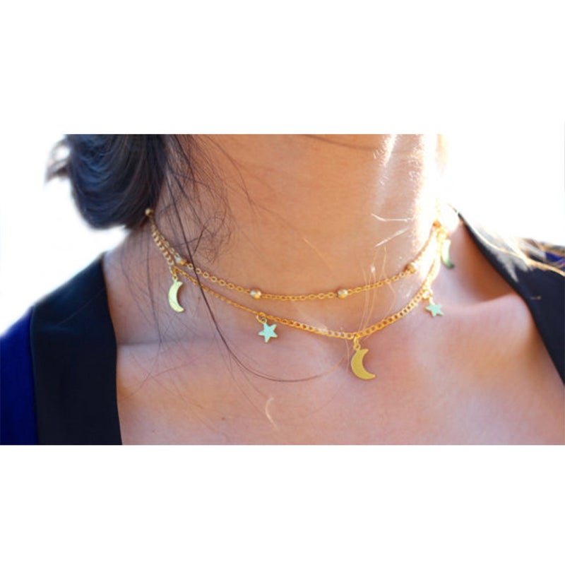 BaubleStar Fashion Layering Star Moon Charm Pendant Tassel Necklace 14K Gold Plated Chain Choker Collar Multi layered Statement Jewelry for Women - Image 2