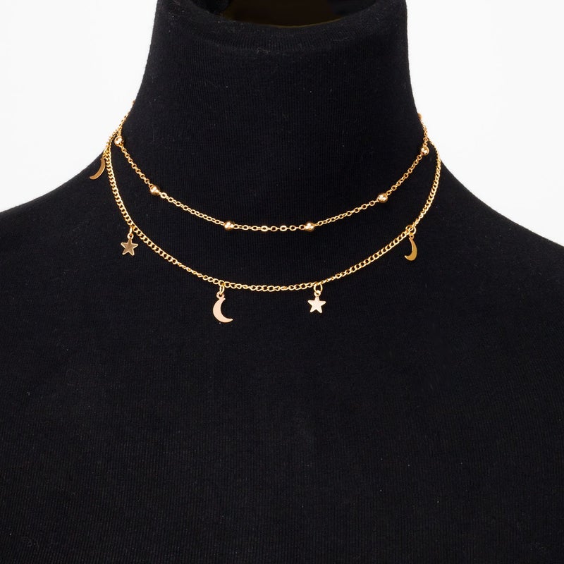 BaubleStar Fashion Layering Star Moon Charm Pendant Tassel Necklace 14K Gold Plated Chain Choker Collar Multi layered Statement Jewelry for Women - Image 3