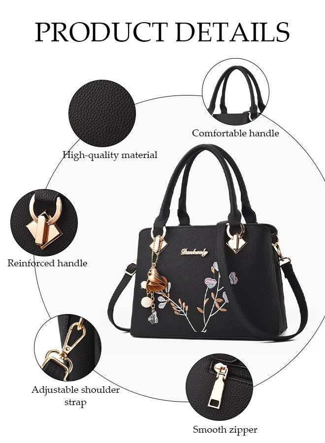 DUNISO Women's Shoulder Bag, Soft Leather Messenger Bag, Fashionable Embroidered Handbag, Lychee Leather, Adjustable Shoulder Strap, Suitable For Commuting, Travel, Shopping, Storage And Organization - Image 4