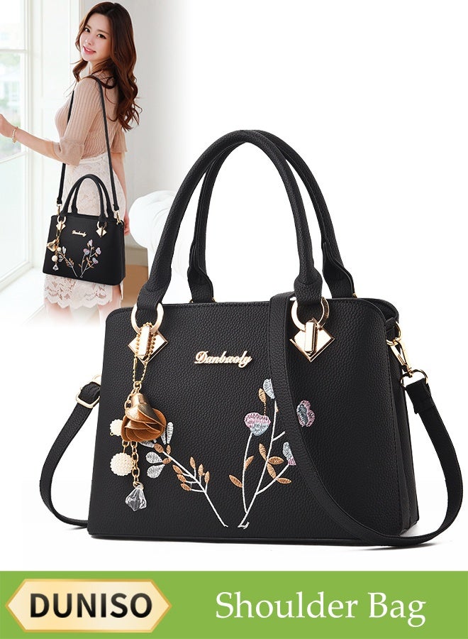 DUNISO Women's Shoulder Bag, Soft Leather Messenger Bag, Fashionable Embroidered Handbag, Lychee Leather, Adjustable Shoulder Strap, Suitable For Commuting, Travel, Shopping, Storage And Organization - Image 1