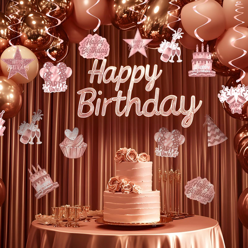 Celee Rose Gold Happy Birthday Hanging Swirl Decorations 48PCS Set with 24 Hanging Swirls and 24 Birthday Cutouts - Image 4