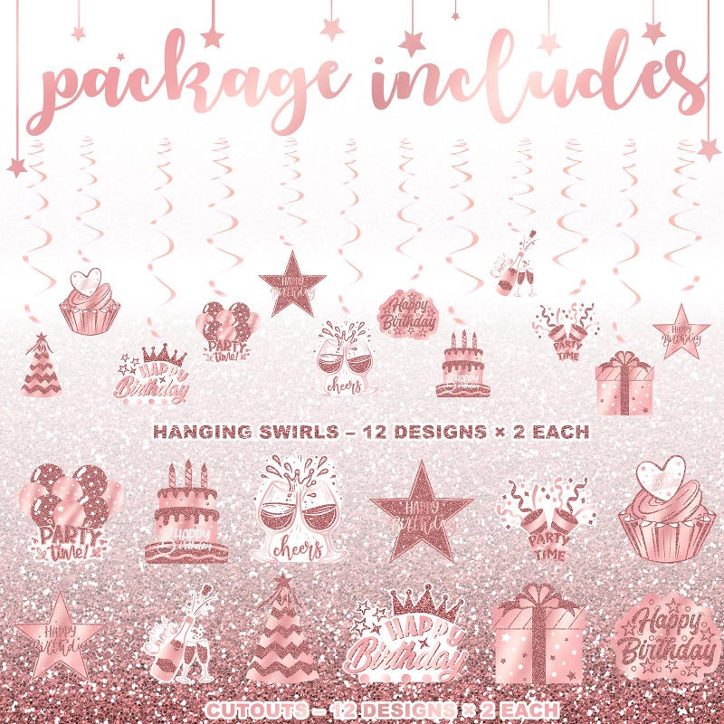 Celee Rose Gold Happy Birthday Hanging Swirl Decorations 48PCS Set with 24 Hanging Swirls and 24 Birthday Cutouts - Image 2
