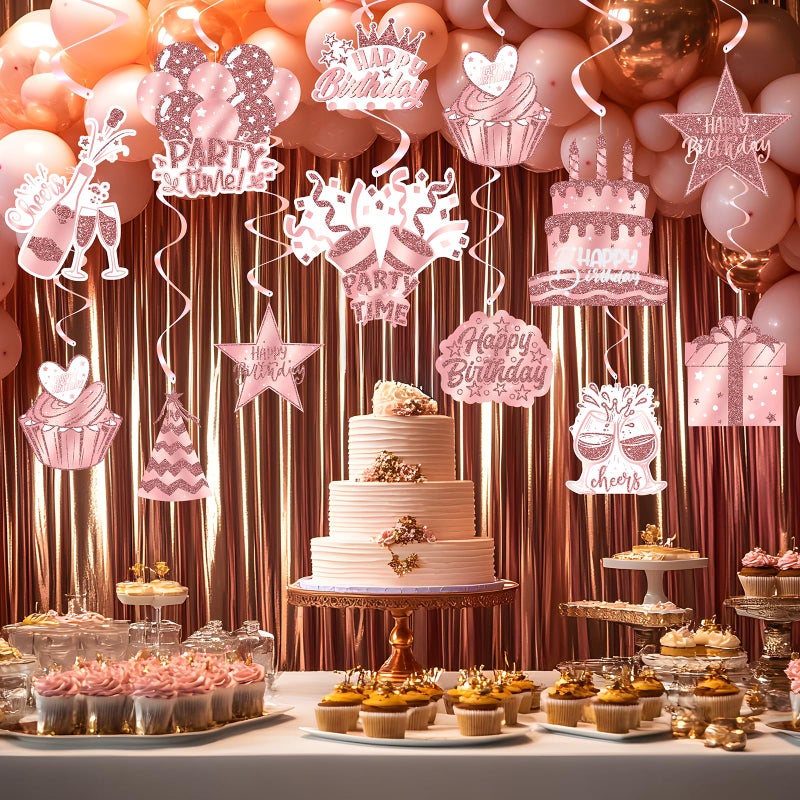 Celee Rose Gold Happy Birthday Hanging Swirl Decorations 48PCS Set with 24 Hanging Swirls and 24 Birthday Cutouts - Image 1