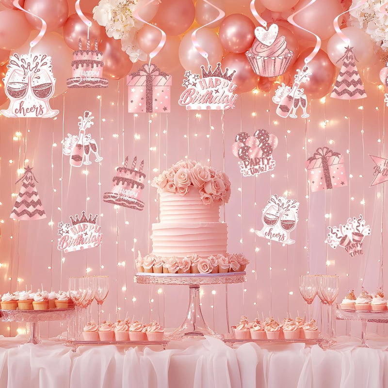 Celee Rose Gold Happy Birthday Hanging Swirl Decorations 48PCS Set with 24 Hanging Swirls and 24 Birthday Cutouts - Image 5