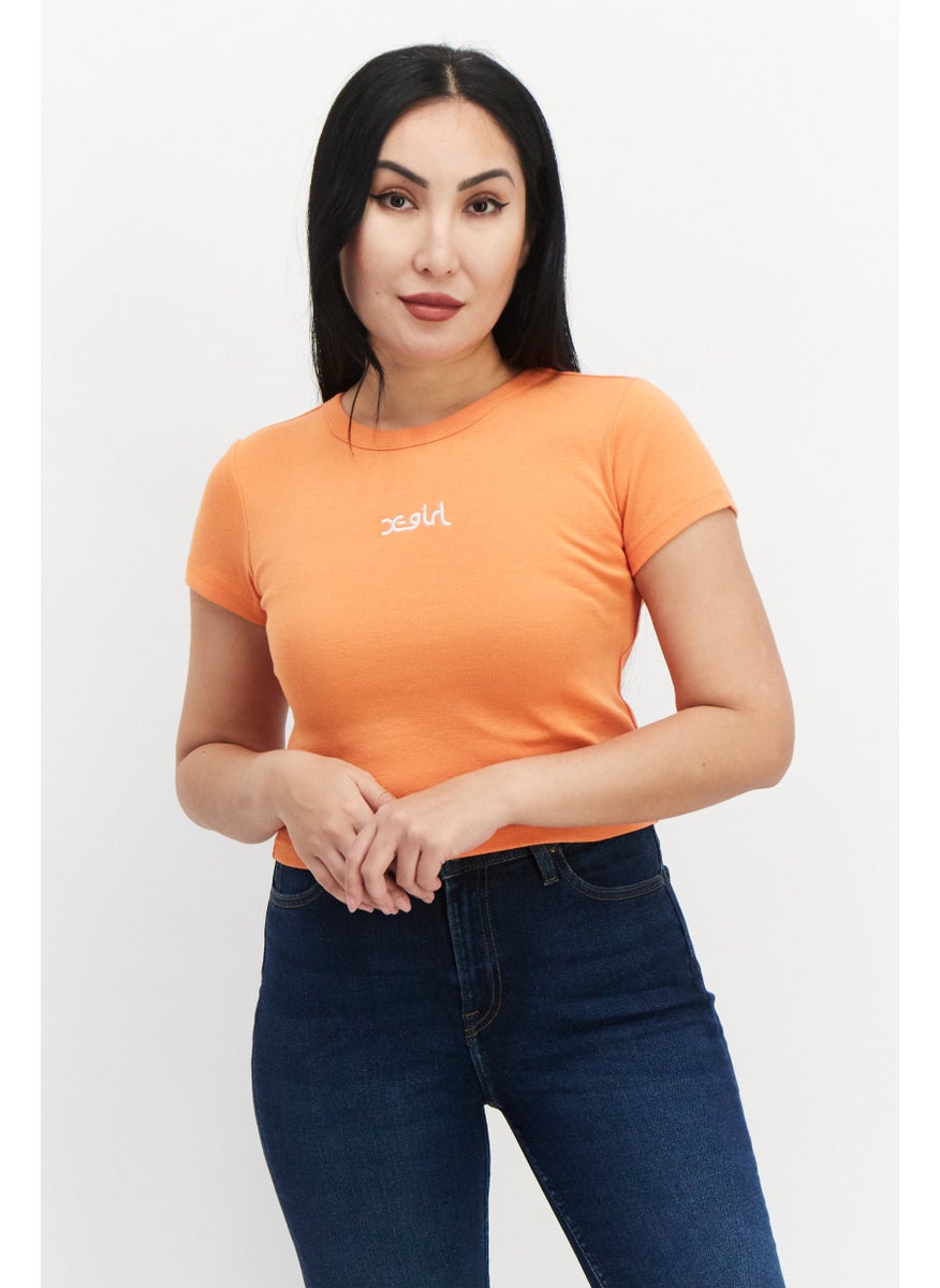 X-Girl Women Crew Neck Short Sleeves Embroidered Logo Top, Orange  - Image 1