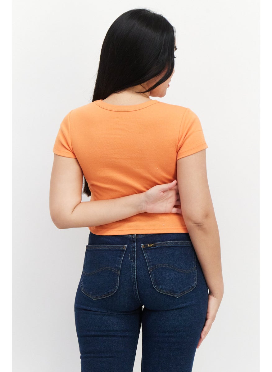 X-Girl Women Crew Neck Short Sleeves Embroidered Logo Top, Orange  - Image 3