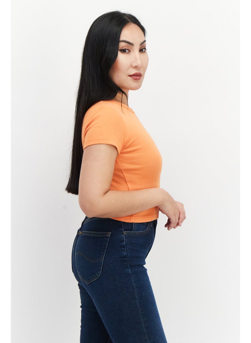 X-Girl Women Crew Neck Short Sleeves Embroidered Logo Top, Orange  - Image 2
