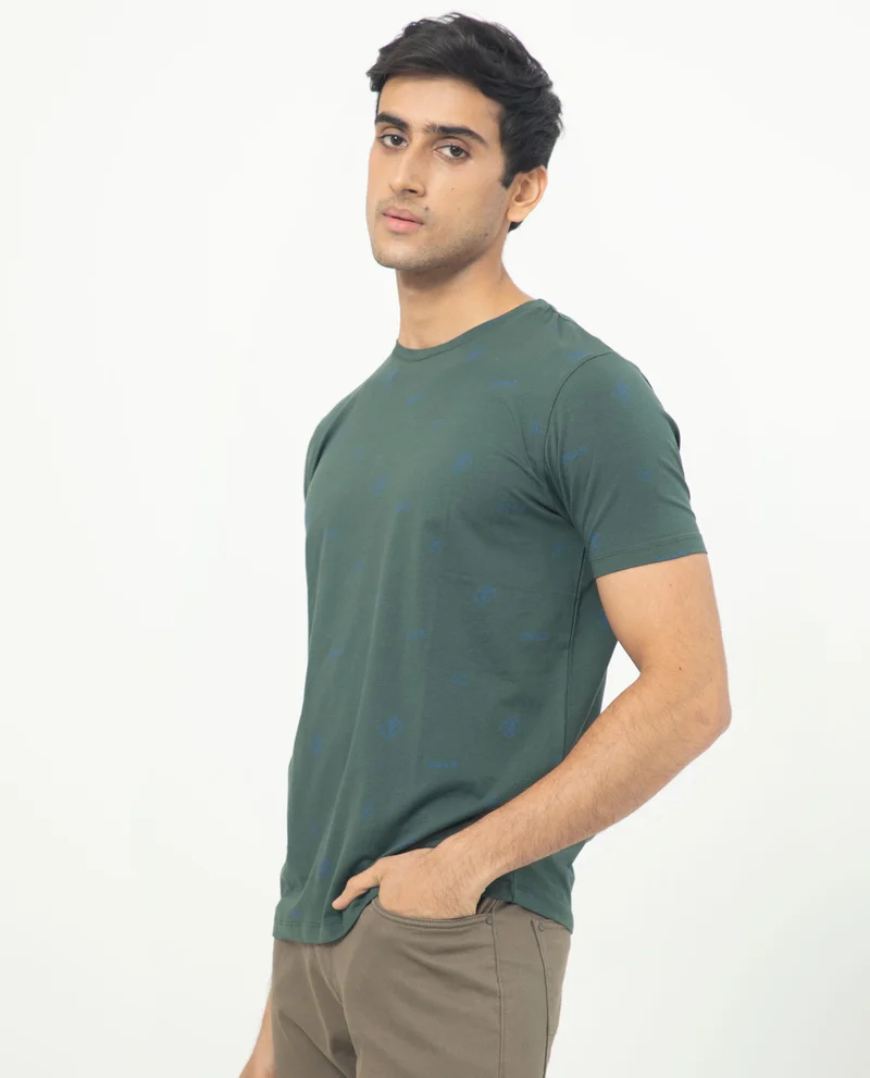 Rare Rabbit Rare Rabbit Men's Grammy Dark Green Crew Neck Half Sleeves Regular Fit Monogram Print T-Shirt