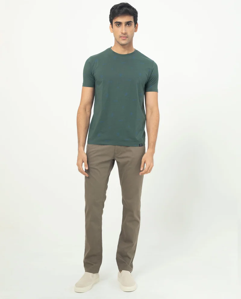 Rare Rabbit Rare Rabbit Men's Grammy Dark Green Crew Neck Half Sleeves Regular Fit Monogram Print T-Shirt