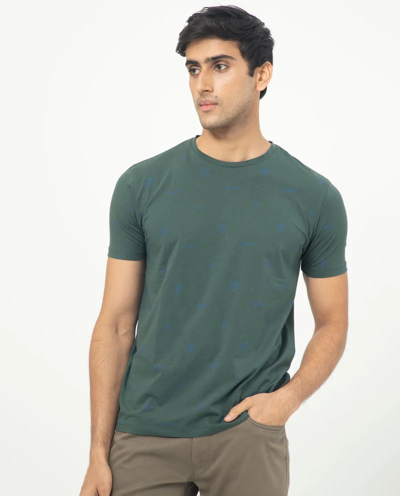 Rare Rabbit Rare Rabbit Men's Grammy Dark Green Crew Neck Half Sleeves Regular Fit Monogram Print T-Shirt