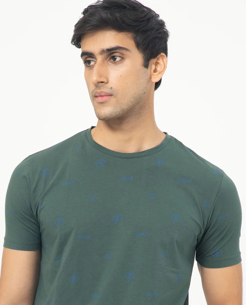 Rare Rabbit Rare Rabbit Men's Grammy Dark Green Crew Neck Half Sleeves Regular Fit Monogram Print T-Shirt