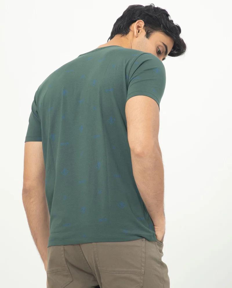 Rare Rabbit Rare Rabbit Men's Grammy Dark Green Crew Neck Half Sleeves Regular Fit Monogram Print T-Shirt