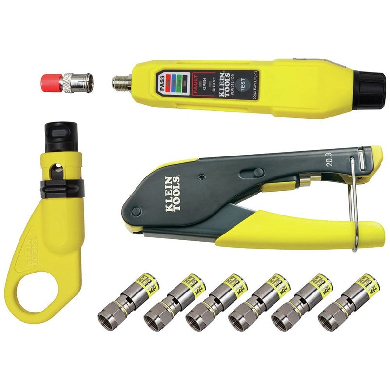 Klein Tools VDV002-818 Coax Install and Test Kit with Crimp Tool, Includes Tester, Stripper and Universal F Connectors - Image 1