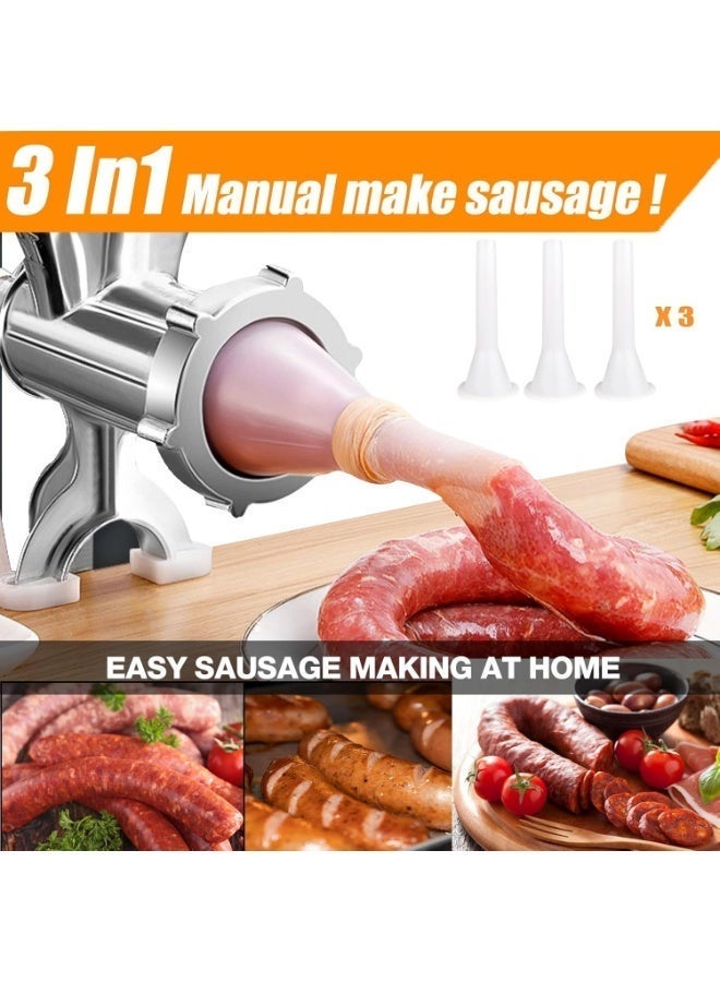 Fyliz Manual Meat Grinder, 304 Stainless Steel Hand Crank Meat Mincer with Steel Table Clamp, Sausage Stuffer with 2 Cutting Plates & 4 Sausage Tubes, Food Grinder for Beef, fish, Chicken, Kitchen Tabletop - Image 2