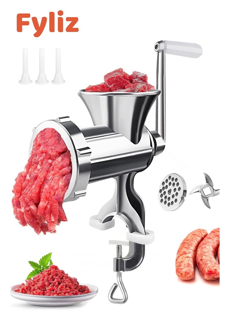 Fyliz Manual Meat Grinder, 304 Stainless Steel Hand Crank Meat Mincer with Steel Table Clamp, Sausage Stuffer with 2 Cutting Plates & 4 Sausage Tubes, Food Grinder for Beef, fish, Chicken, Kitchen Tabletop - Image 1