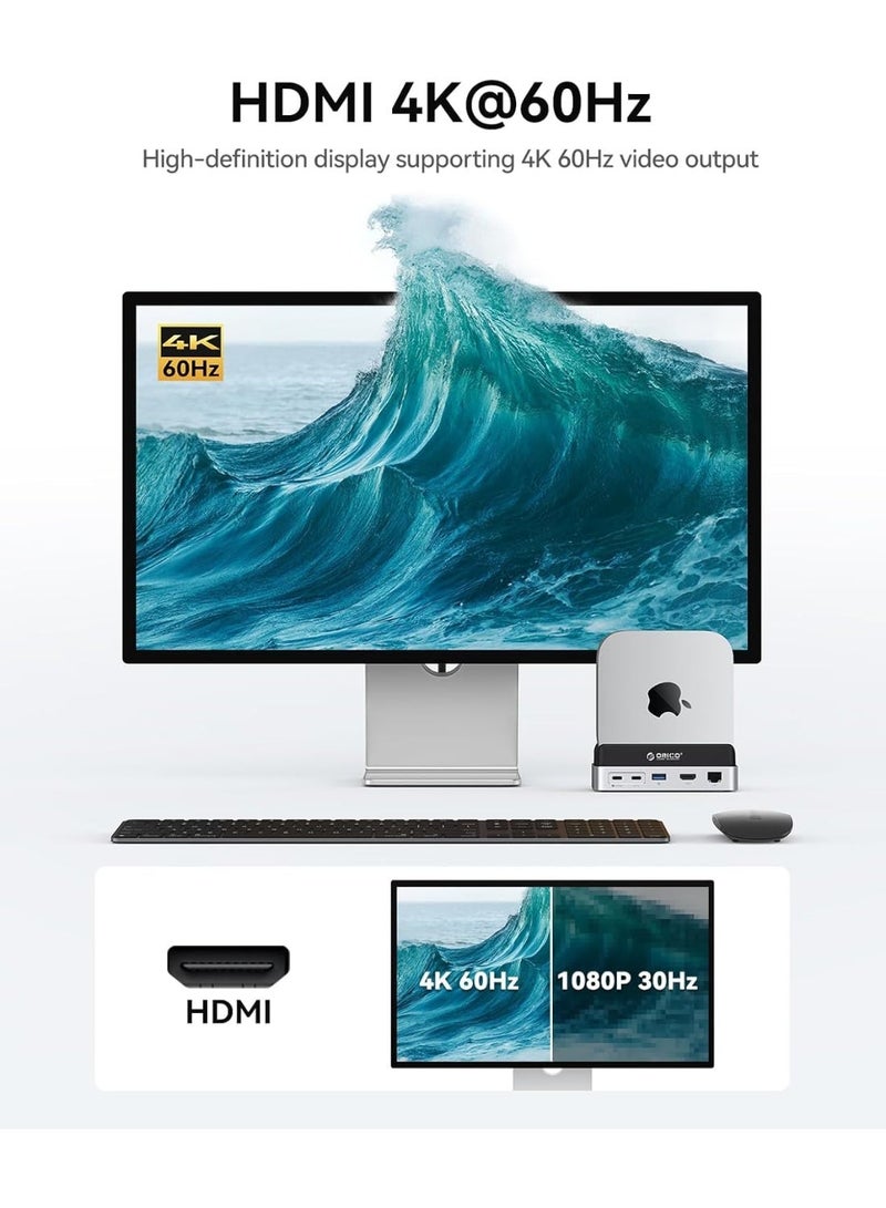 أوريكو توافق قاعدة التوصيل الصغيرة ORICO مع جهاز Mac mini M4، موزع ألومنيوم 9 في 1 مع قرص SSD من نوع NVMe M.2 بسعة 4 تيرابايت، منفذ USB-C و USB-A بسرعة 10 جيجابت في الثانية، منفذ USB-A بسرعة 5 جيجابت في الثانية، منفذ HDMI بدقة 4K، منفذ إيثرنت جيجابت، قارئات بطاقات SD/TF، ​​منفذ Type-C (PD3.0). - Image 3