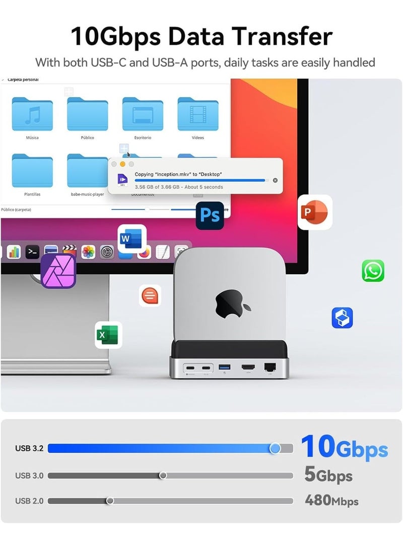أوريكو توافق قاعدة التوصيل الصغيرة ORICO مع جهاز Mac mini M4، موزع ألومنيوم 9 في 1 مع قرص SSD من نوع NVMe M.2 بسعة 4 تيرابايت، منفذ USB-C و USB-A بسرعة 10 جيجابت في الثانية، منفذ USB-A بسرعة 5 جيجابت في الثانية، منفذ HDMI بدقة 4K، منفذ إيثرنت جيجابت، قارئات بطاقات SD/TF، ​​منفذ Type-C (PD3.0). - Image 4