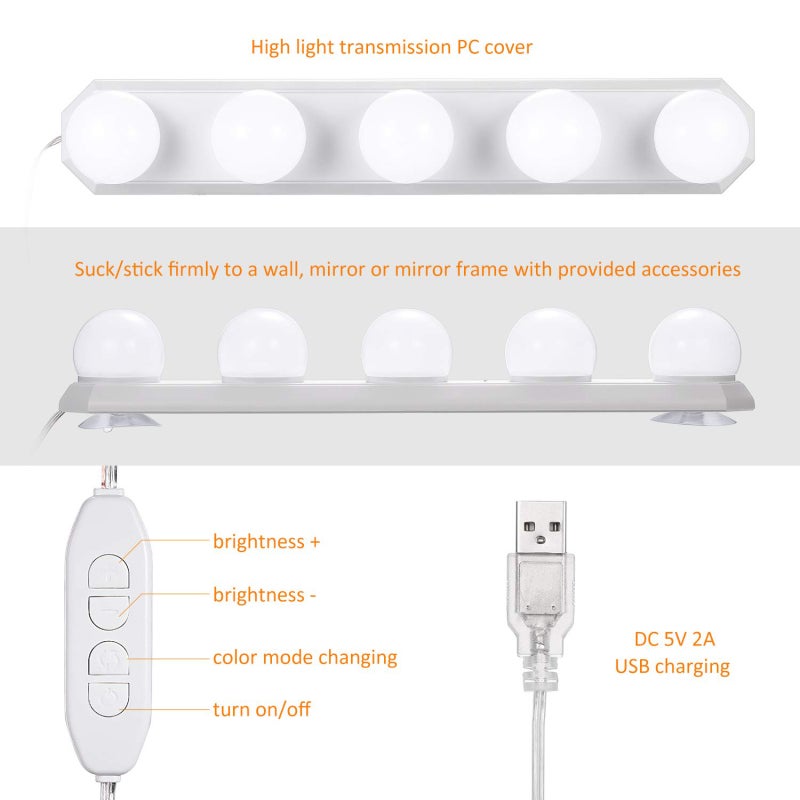 LED Mirror Dimmable Light 5 Pcs Frosted PC Bulbs 3 Color Modes 10 Brightness Levels - Makeup Mirror Vanity Light USB Charging for Makeup Fill Light Decoration - Image 5