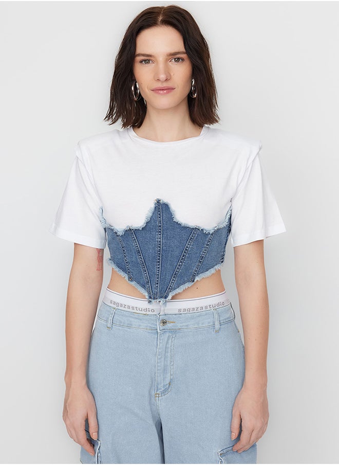trendyol X Sagaza Studio Blue Corset Detailed Denim Bustier TCLSS23BZ00004  - Image 4