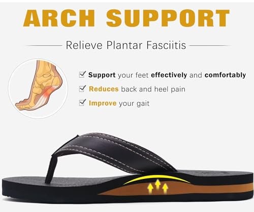 KuaiLu Men's Leather Flip Flops Arch Support Summer Beach Pool Water Thong Sandals Waterproof Rubber Walking Shoes Slip on Orthotic Casual Sport Cushioned Wide Slides Shower Slippers Brown Size 11 - Image 4