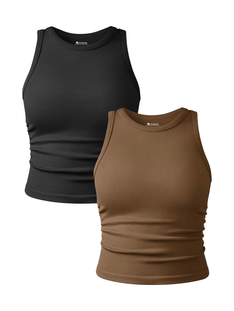 OQQ Women's 2 Piece Tank Tops Crew Neck Sleeveless Basic Stretch Casusal Yoga Crop Camis Black Coffee - Image 1