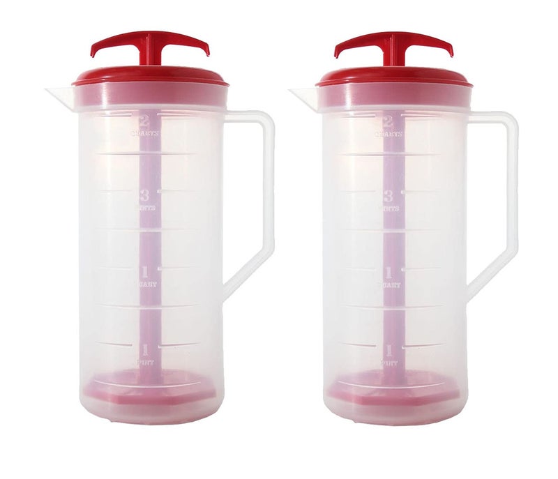 JBK Pottery  Mixing Pitcher for Drinks Plastic Water Pitcher with Lid and Plunger with Angled Blades EasyMix Juice Container 2Quart Capacity Red Set of 2