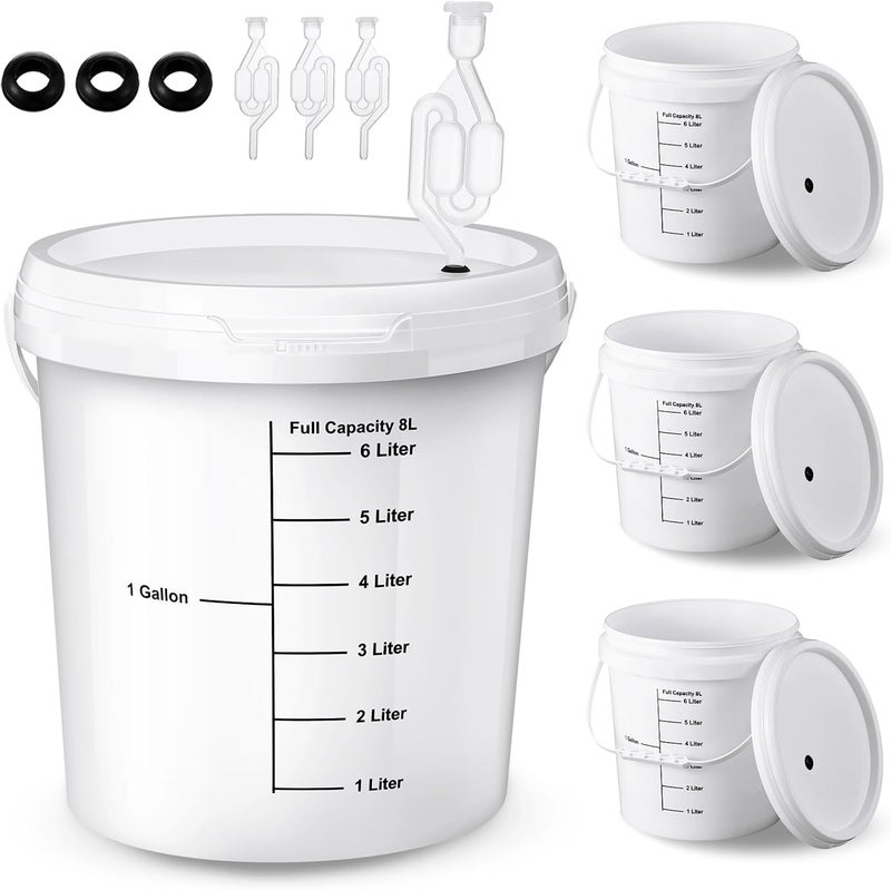 Ziliny 4 Pcs White 2 Gallon Fermentation Bucket with Twin Bubble Airlock Grommets Lid Brewing Wine Fermenter Fermentation Kit for Home Beer Wine Mead Other Fermented Beverage - Image 1