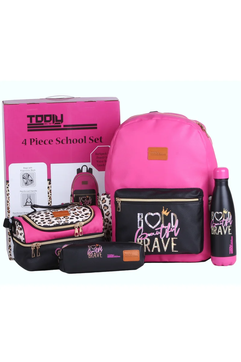 TOOLY 4 Piece School Set for Girls, Backpack, Lunch Bag, Pencil Case, Water Bottle, Pink and Black with Leopard Pattern (Size: H 42 X 30 X 13 CM)