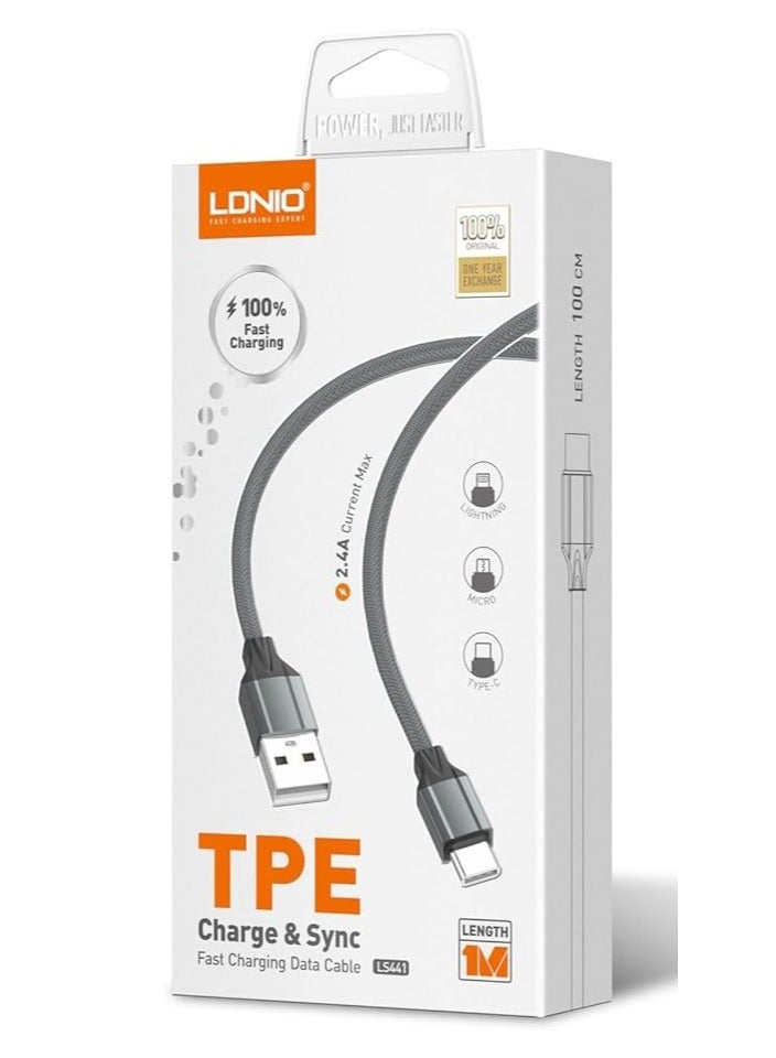 لدنيو LS441 TPE كابل شحن سريع لايتنينج إلى USB-A، طول 1 متر وتيار 2.4 أمبير بحد أقصى - آيفون - رمادي - Image 2