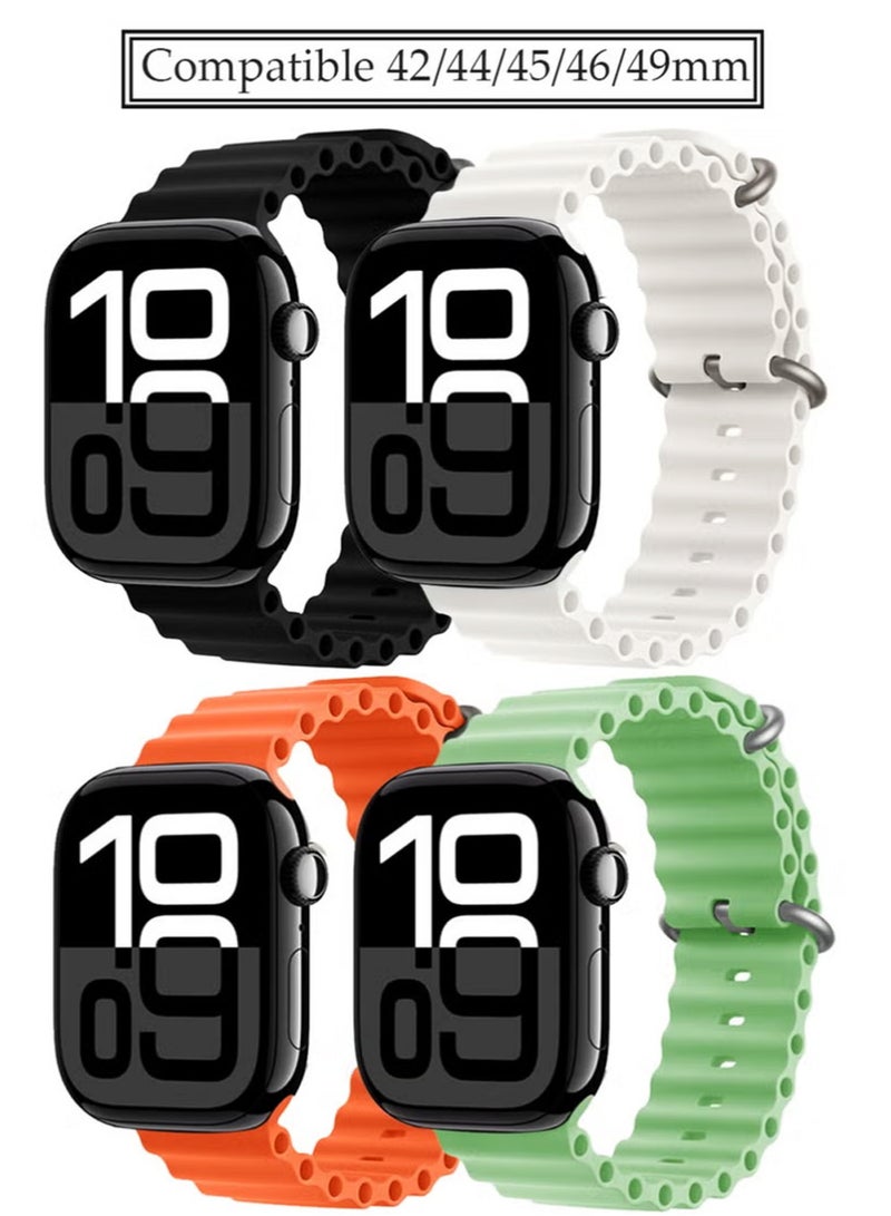 IINE 4 Pack Silicone Ocean Band for Apple Watch Series 10,Soft Silicone Waterproof Strap Wristbands Compatible with iWatch Apple Watch Series 10 49mm 46mm 45mm 44mm 42mm Women Men - Image 1