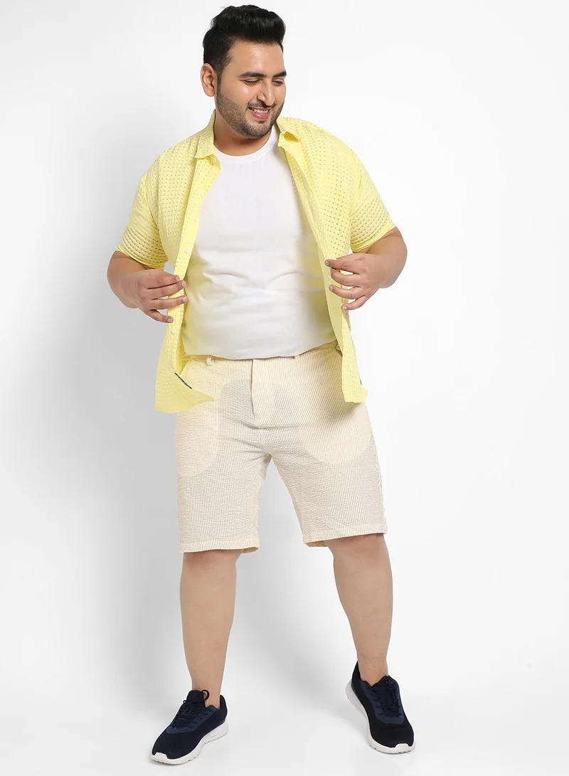 Instafab Plus Instafab Plus Men's Yellow Seersucker Stripe Shorts For Casual Wear | Striped Pattern | Angled Open Pockets | Button Closure | Cotton Poly Spandex Shorts Crafted With Comfort Fit For Everyday Wear