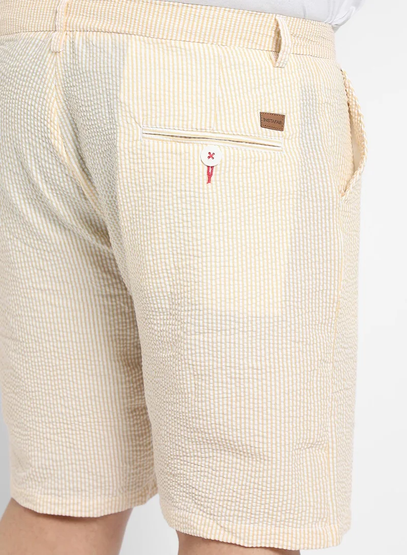 Instafab Plus Instafab Plus Men's Yellow Seersucker Stripe Shorts For Casual Wear | Striped Pattern | Angled Open Pockets | Button Closure | Cotton Poly Spandex Shorts Crafted With Comfort Fit For Everyday Wear
