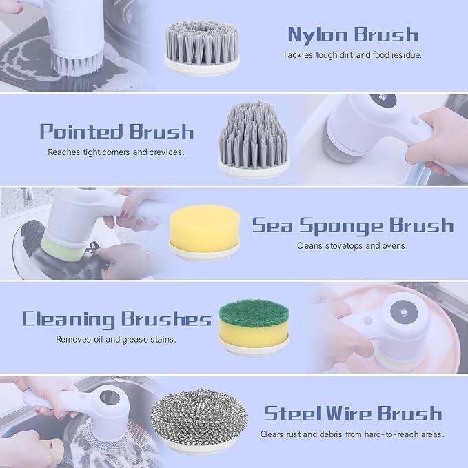 Ignito 5 In 1 Electric Cleaning Magic Brush Multifunctional Spin Cleaner Brush With 5 Brush Heads and Charging Cord For Multi Use Kitchen Tiles Carpet Sink Basin Bathroom Dish Pots Wall Shoe Car Surfaces (1) - Image 5