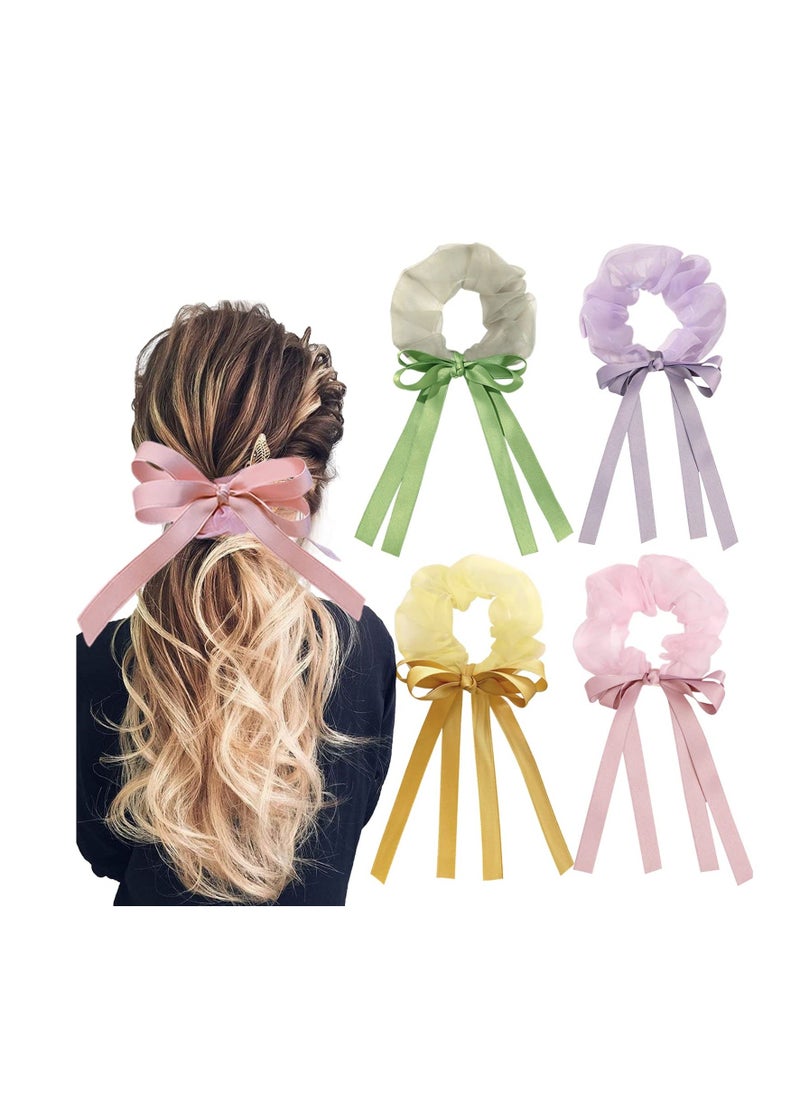 Y&D 4 Pack Colorful Bow Scrunchies, Chiffon Long Ribbon Hair Ties, Silk Bows for Girls Kids, 3D Handmade Satin Bows, Soft No Damage Organza Ponytail Holders 90s Accessories  - Image 1