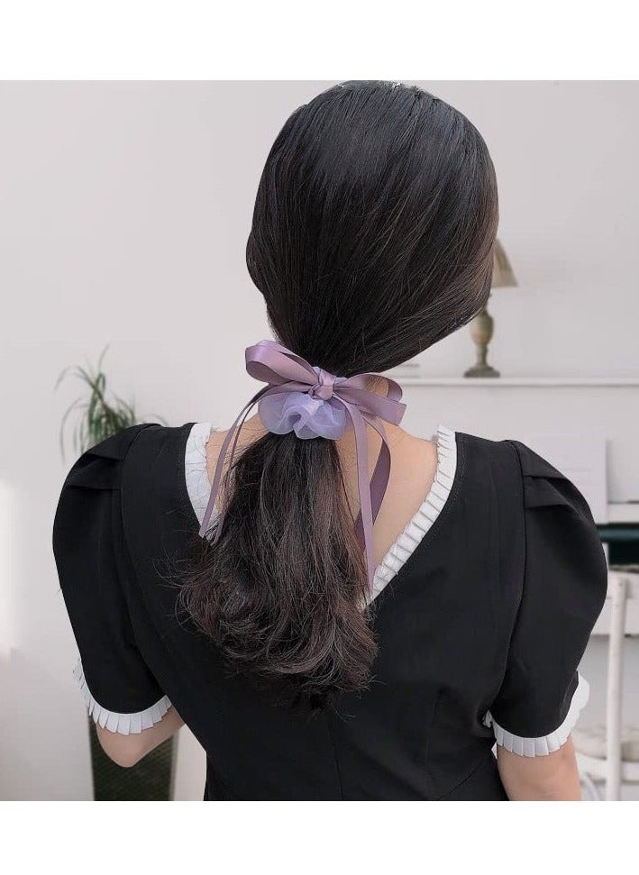 Y&D 4 Pack Colorful Bow Scrunchies, Chiffon Long Ribbon Hair Ties, Silk Bows for Girls Kids, 3D Handmade Satin Bows, Soft No Damage Organza Ponytail Holders 90s Accessories  - Image 2