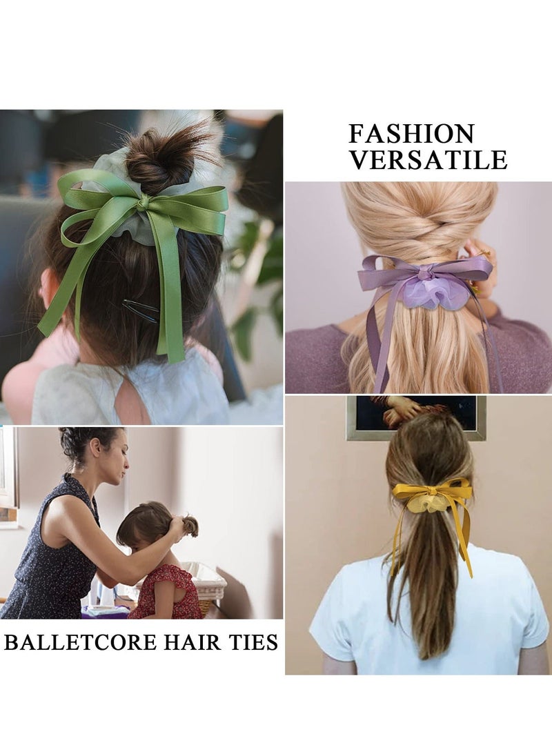 Y&D 4 Pack Colorful Bow Scrunchies, Chiffon Long Ribbon Hair Ties, Silk Bows for Girls Kids, 3D Handmade Satin Bows, Soft No Damage Organza Ponytail Holders 90s Accessories  - Image 5