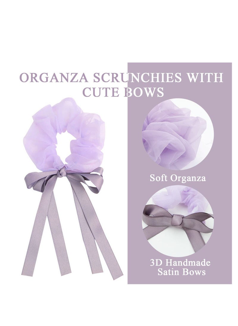 Y&D 4 Pack Colorful Bow Scrunchies, Chiffon Long Ribbon Hair Ties, Silk Bows for Girls Kids, 3D Handmade Satin Bows, Soft No Damage Organza Ponytail Holders 90s Accessories  - Image 4