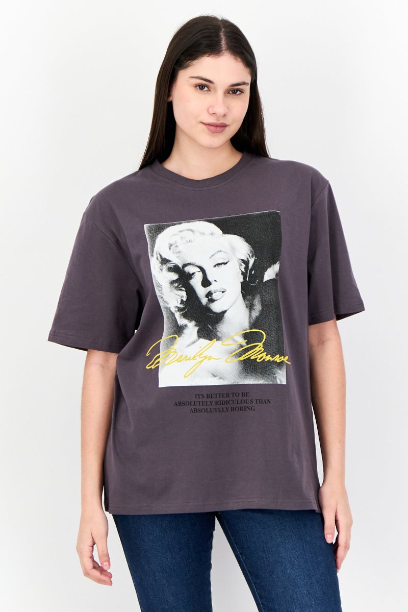 Marilyn Monroe Women Crew Neck Short Sleeve Graphic Print T-Shirt, Grey - Image 1