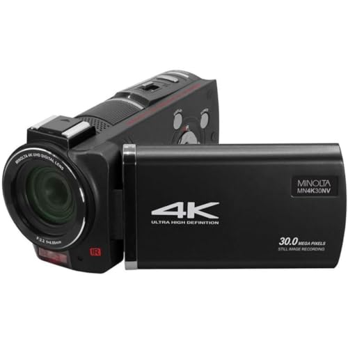 Minolta كاميرا مينيولتا - 4K فائق الوضوح, صور 30MP, رؤية ليلية مع مصابيح LED تحت الحمراء, تقريب 16X, تصوير بتقنية التوقف الزمني, مضادة للاهتزاز, شاشة تعمل باللمس, تنسيق MP4, حساس CMOS, مخرج HDMI USB, فتحة SD (أسود) - Image 1
