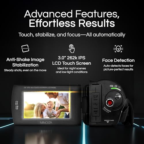 Minolta كاميرا مينيولتا - 4K فائق الوضوح, صور 30MP, رؤية ليلية مع مصابيح LED تحت الحمراء, تقريب 16X, تصوير بتقنية التوقف الزمني, مضادة للاهتزاز, شاشة تعمل باللمس, تنسيق MP4, حساس CMOS, مخرج HDMI USB, فتحة SD (أسود) - Image 3