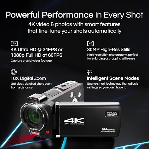 Minolta كاميرا مينيولتا - 4K فائق الوضوح, صور 30MP, رؤية ليلية مع مصابيح LED تحت الحمراء, تقريب 16X, تصوير بتقنية التوقف الزمني, مضادة للاهتزاز, شاشة تعمل باللمس, تنسيق MP4, حساس CMOS, مخرج HDMI USB, فتحة SD (أسود) - Image 2