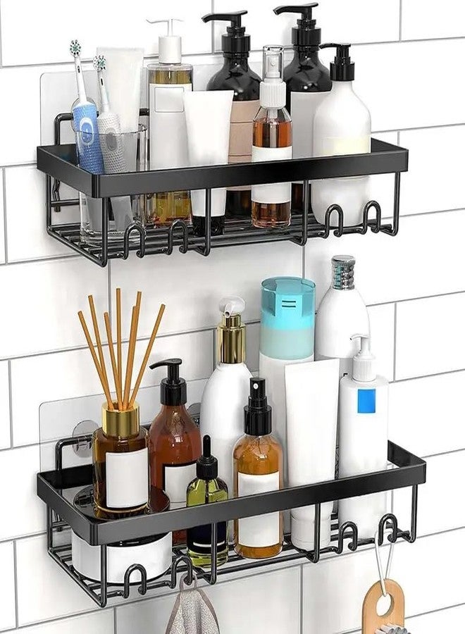 KYMIO Wall Mounted Bathroom Shelf with Hooks - Rustproof Black Shower Caddy Organizer for Shampoo, Soap, Lotion, Toothbrush & Accessories - Heavy Duty Adhesive Storage Rack for Kitchen & Bathroom - Image 1