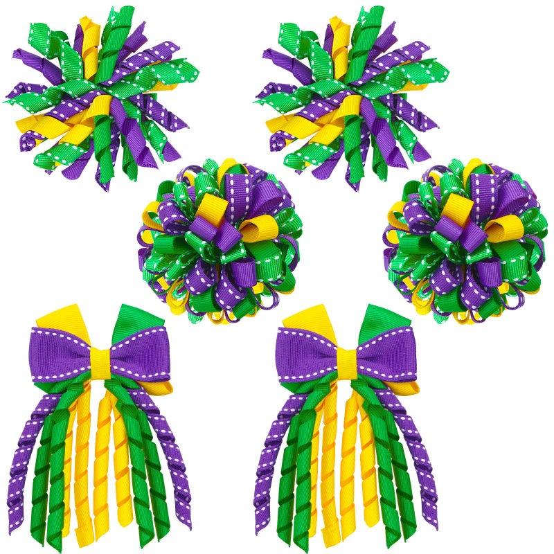 JUNEBRUSHS Mardi Gras Hair Bows Clips for Girls, Curly Bows with Alligator Clips, Purple Yellow Green Ribbon Hair Clip, Mardi Gras Accessories Favor Gifts for Girls - Image 1